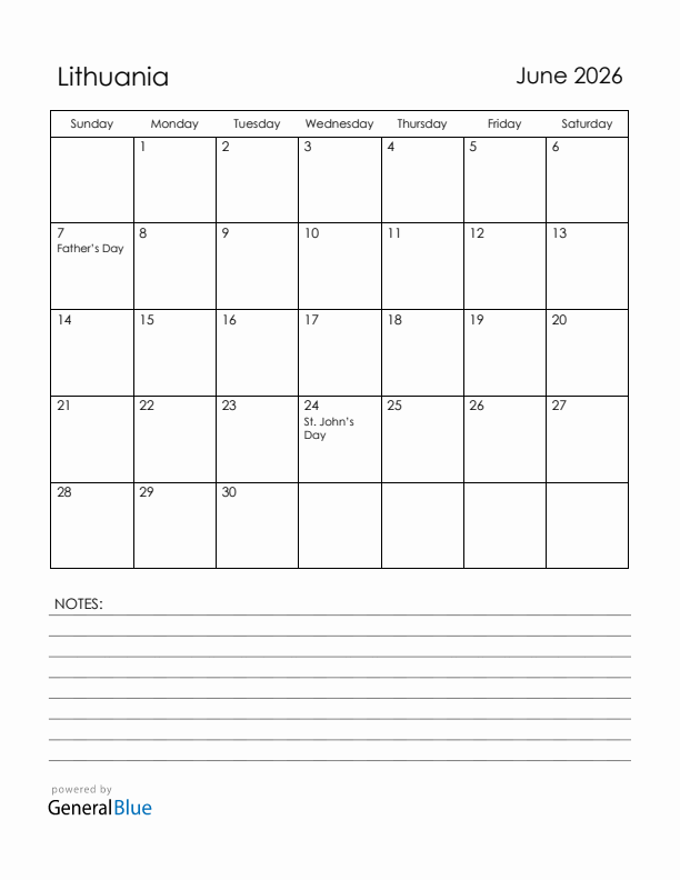 June 2026 Lithuania Calendar with Holidays (Sunday Start)