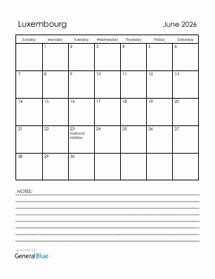 Current month calendar with Luxembourg holidays for June 2026