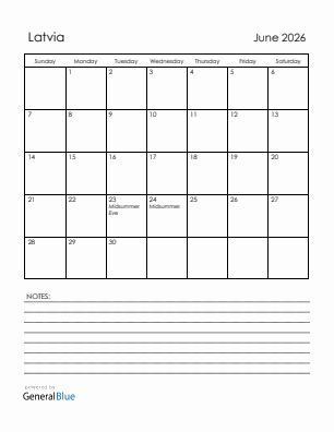Current month calendar with Latvia holidays for June 2026