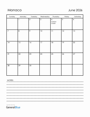 Current month calendar with Monaco holidays for June 2026