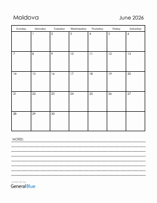 Current month calendar with Moldova holidays for June 2026