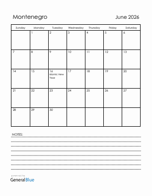Current month calendar with Montenegro holidays for June 2026