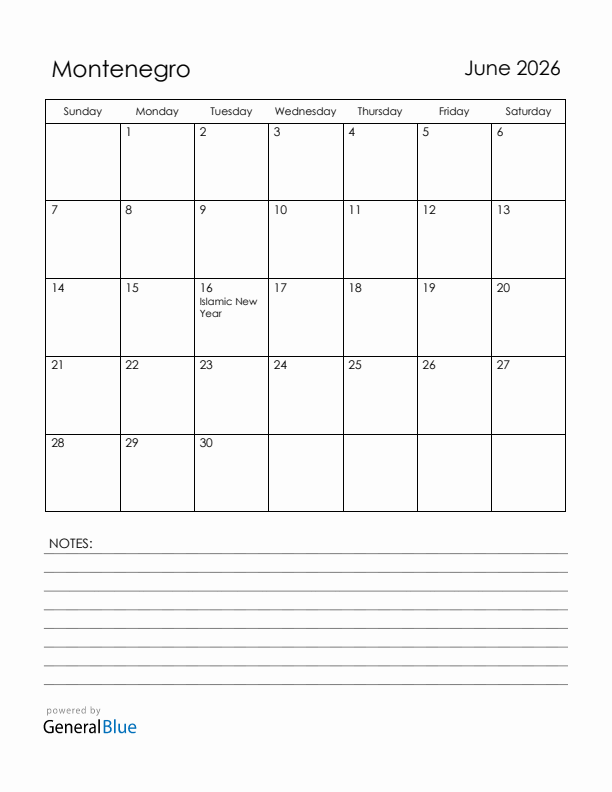June 2026 Montenegro Calendar with Holidays (Sunday Start)