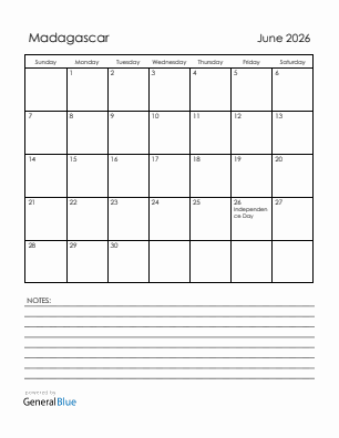 Current month calendar with Madagascar holidays for June 2026