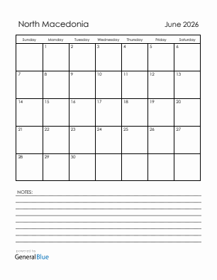 Current month calendar with North Macedonia holidays for June 2026