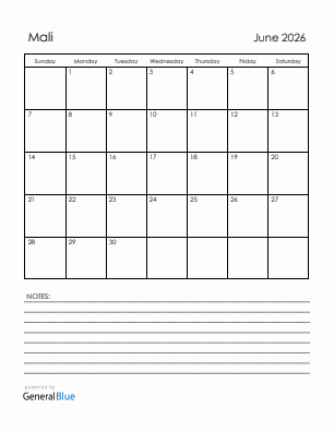 Current month calendar with Mali holidays for June 2026
