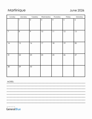 Current month calendar with Martinique holidays for June 2026