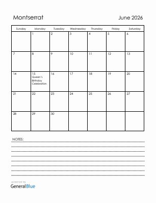 Current month calendar with Montserrat holidays for June 2026