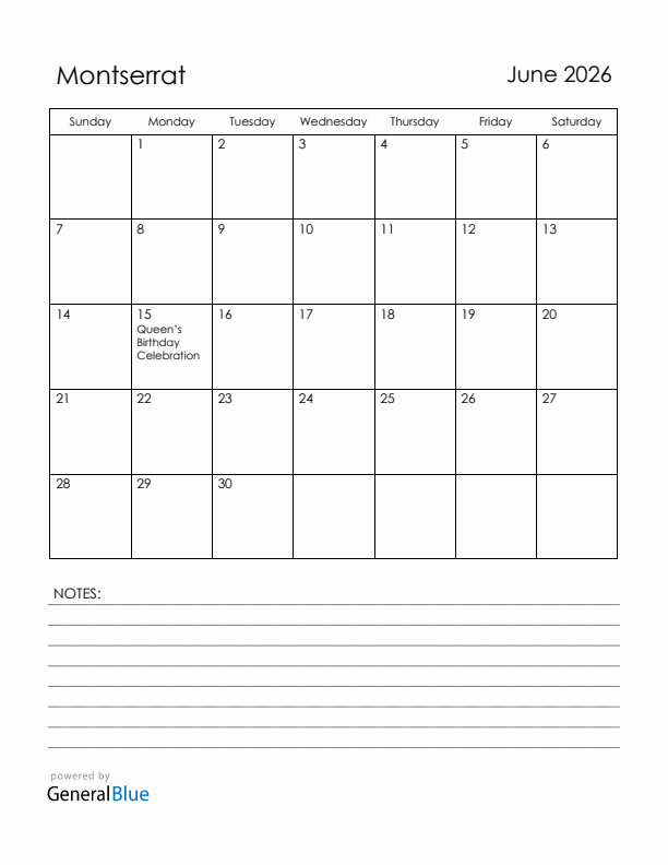 June 2026 Montserrat Calendar with Holidays (Sunday Start)