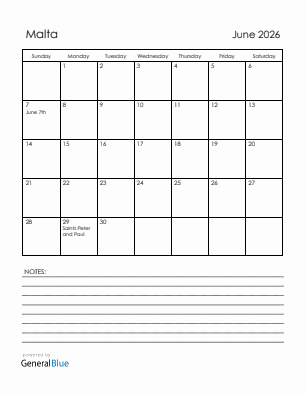 Current month calendar with Malta holidays for June 2026