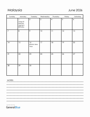 Current month calendar with Malaysia holidays for June 2026