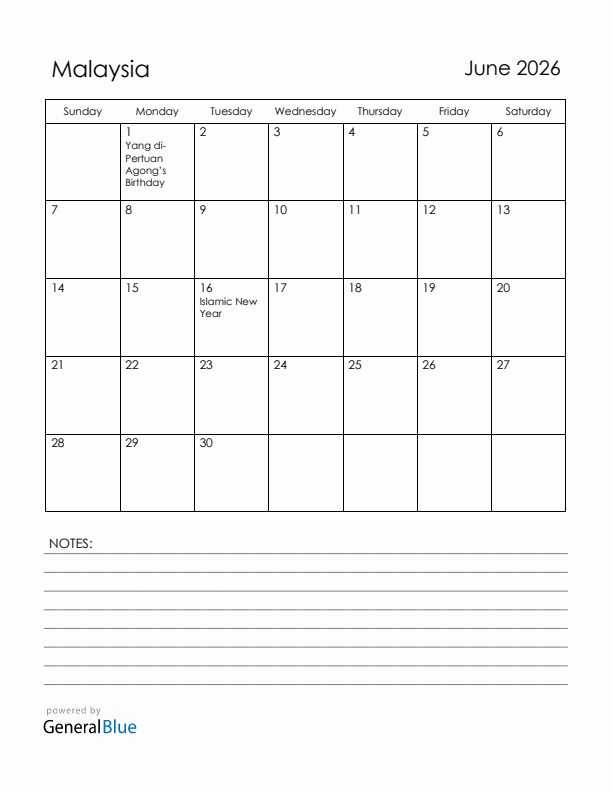 June 2026 Malaysia Calendar with Holidays (Sunday Start)