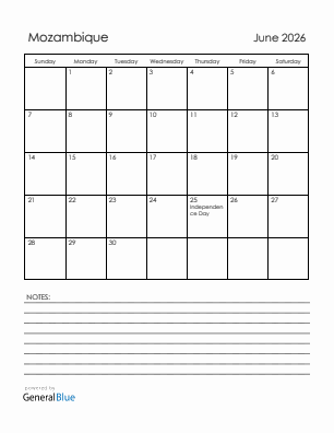 Current month calendar with Mozambique holidays for June 2026