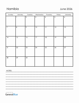 Current month calendar with Namibia holidays for June 2026
