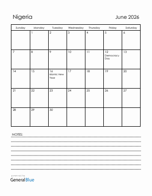 Current month calendar with Nigeria holidays for June 2026