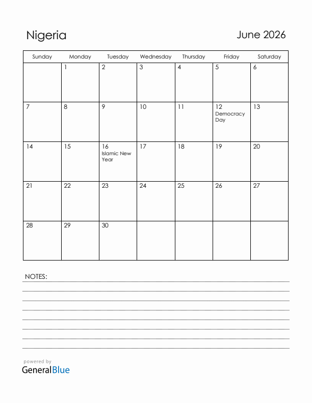 June 2026 Nigeria Calendar with Holidays (Sunday Start)
