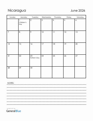 Current month calendar with Nicaragua holidays for June 2026