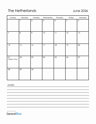 Current month calendar with The Netherlands holidays for June 2026