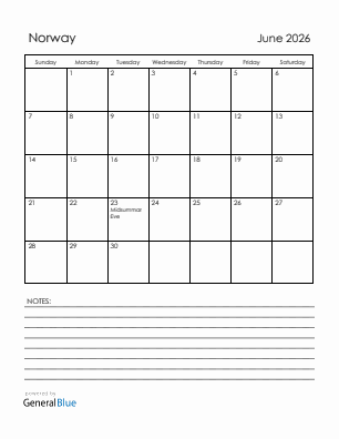 Current month calendar with Norway holidays for June 2026