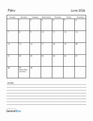 Current month calendar with Peru holidays for June 2026
