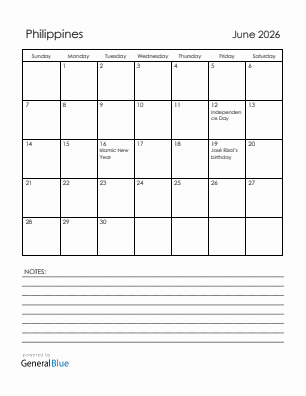 Current month calendar with Philippines holidays for June 2026