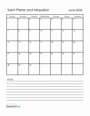 Current month calendar with Saint Pierre and Miquelon holidays for June 2026