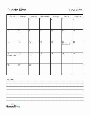 Current month calendar with Puerto Rico holidays for June 2026