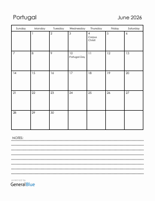 Current month calendar with Portugal holidays for June 2026