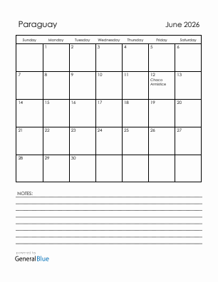 Current month calendar with Paraguay holidays for June 2026