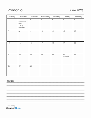 Current month calendar with Romania holidays for June 2026