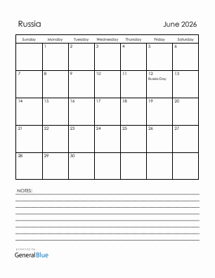 Current month calendar with Russia holidays for June 2026