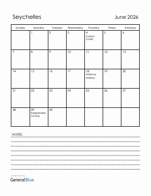 Current month calendar with Seychelles holidays for June 2026