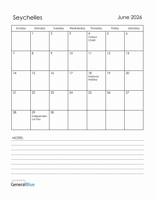 June 2026 Seychelles Calendar with Holidays (Sunday Start)
