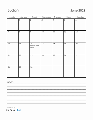 Current month calendar with Sudan holidays for June 2026