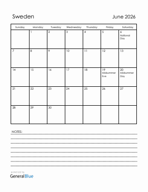 Current month calendar with Sweden holidays for June 2026