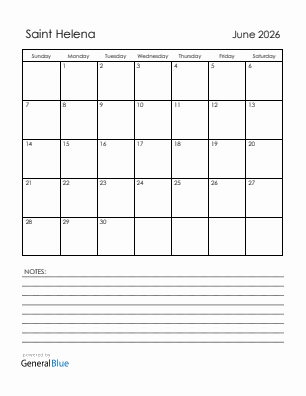 Current month calendar with Saint Helena holidays for June 2026