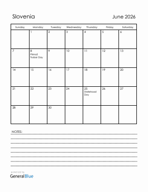 Current month calendar with Slovenia holidays for June 2026