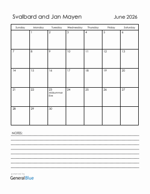 Current month calendar with Svalbard and Jan Mayen holidays for June 2026