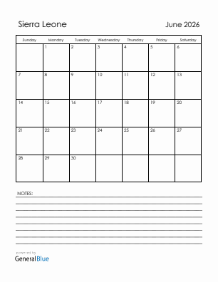 Current month calendar with Sierra Leone holidays for June 2026