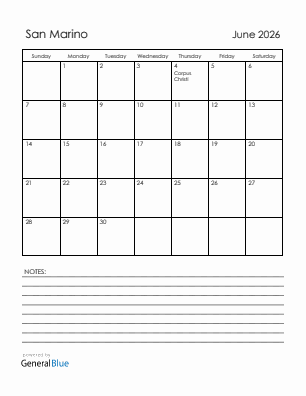 Current month calendar with San Marino holidays for June 2026