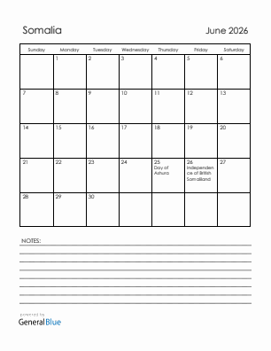 Current month calendar with Somalia holidays for June 2026