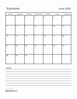 Current month calendar with Suriname holidays for June 2026