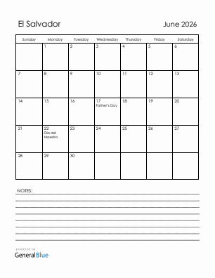 Current month calendar with El Salvador holidays for June 2026