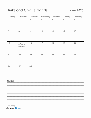 Current month calendar with Turks and Caicos Islands holidays for June 2026