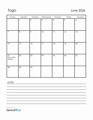 Current month calendar with Togo holidays for June 2026