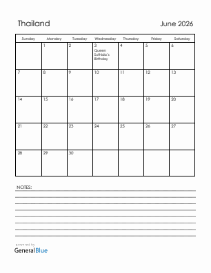 Current month calendar with Thailand holidays for June 2026