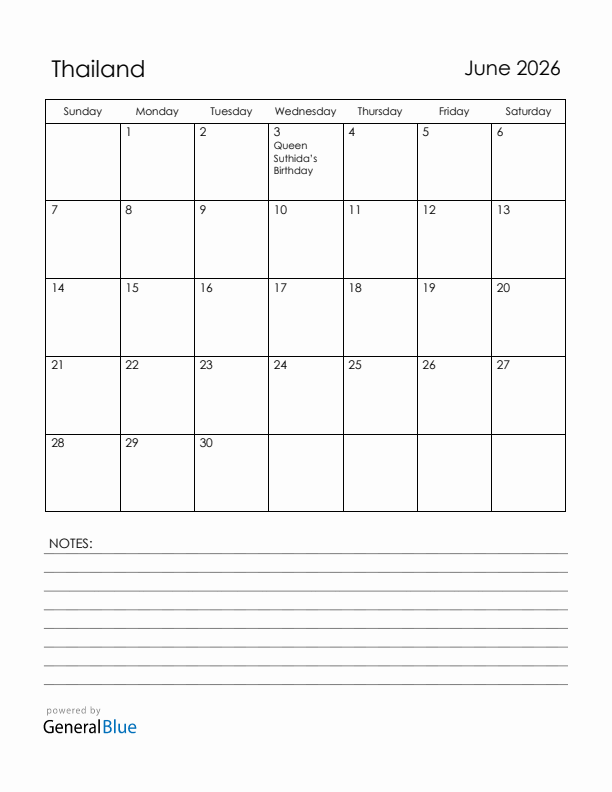 June 2026 Thailand Calendar with Holidays (Sunday Start)
