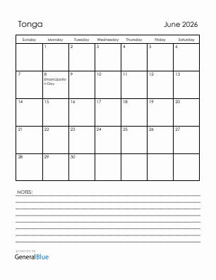 Current month calendar with Tonga holidays for June 2026