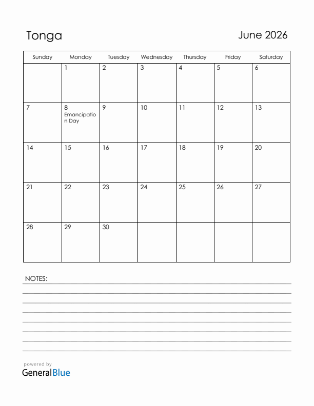 June 2026 Tonga Calendar with Holidays (Sunday Start)