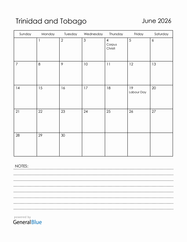 June 2026 Trinidad and Tobago Calendar with Holidays (Sunday Start)